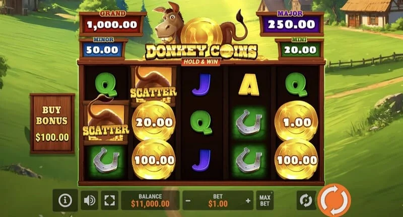 Donkey Coins Hold & Win - pangunahing screen na may mga reels